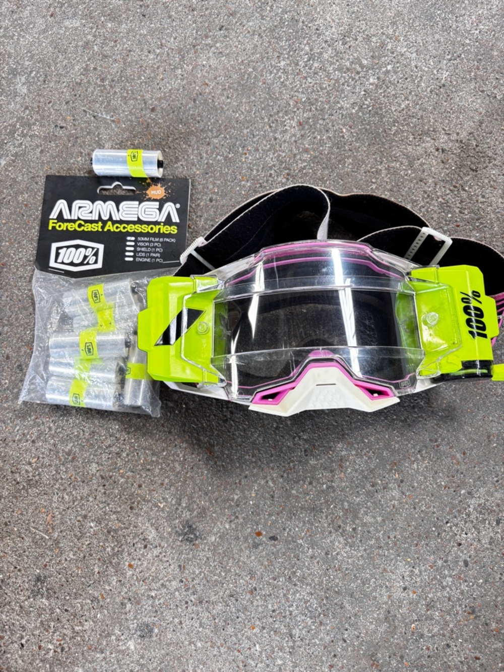 100% Clear Lens Motocross Goggles with Neon Green & Pink Accents